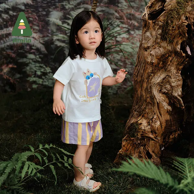 中童 啊咪啦 圆领字母图案舒适短袖松紧腰条纹短裤休闲运动套装