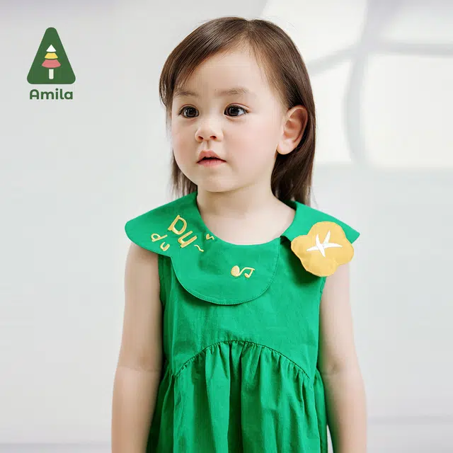 婴童 啊咪啦 娃娃领纯色字母舒适简约柔软轻薄无袖婴幼儿连衣裙 草绿