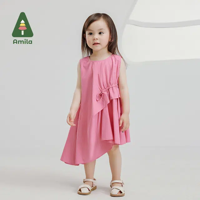 婴童 啊咪啦 圆领舒适纯色抽绳不规则无袖婴幼儿连衣裙 玫红
