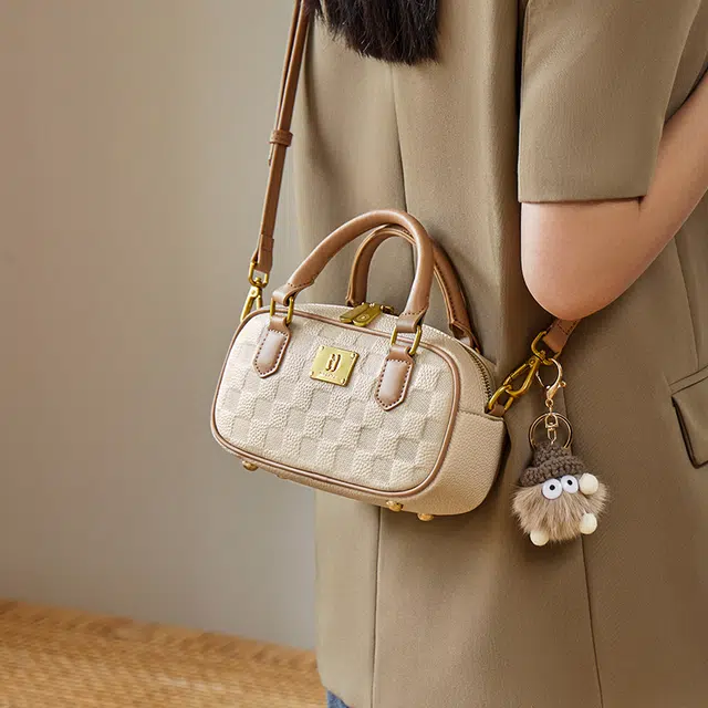纳兰杜 女包百搭洋气精致格纹女生潮流个性品牌包包 牛皮革拼合成革 手提包单肩斜挎包 小号 女款 米白拼杏/大象灰