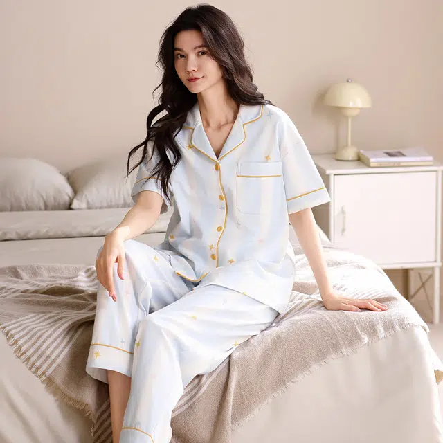 俏薇妮 柔软可爱舒适时尚翻领短袖家居服休闲可外穿睡衣套装 女款 浅蓝色