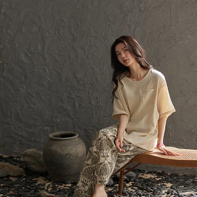 俏薇妮 简约纯色柔软小清新可爱高级感短袖长裤睡衣套装 女款 米白色