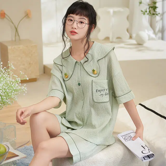 俏薇妮 简约温馨优雅大气高级感短袖短裤家居服休闲宽松舒适凉爽透气可外穿夏季睡衣套装 女款 浅绿色