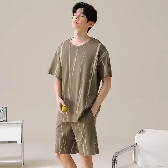俏薇妮 柔软简约纯棉纯色潮流时尚短袖五分裤家居服舒适透气休闲凉感可外穿夏季睡衣套装 男款