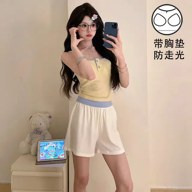 俏薇妮 简约凉感柔软时尚可爱大气高级感带胸垫家居服舒适透气休闲宽松可外穿无袖夏季睡衣套装 女款