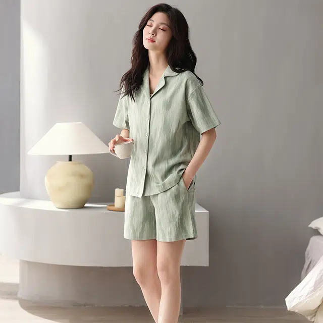 俏薇妮 纯棉简约字母翻领短袖高级感家居服休闲宽松舒适凉爽透气可外穿睡衣套装 女款 浅绿色