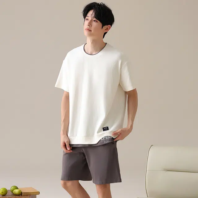 俏薇妮 简约高级感短袖家居服舒适透气休闲凉感可外穿睡衣套装 男款