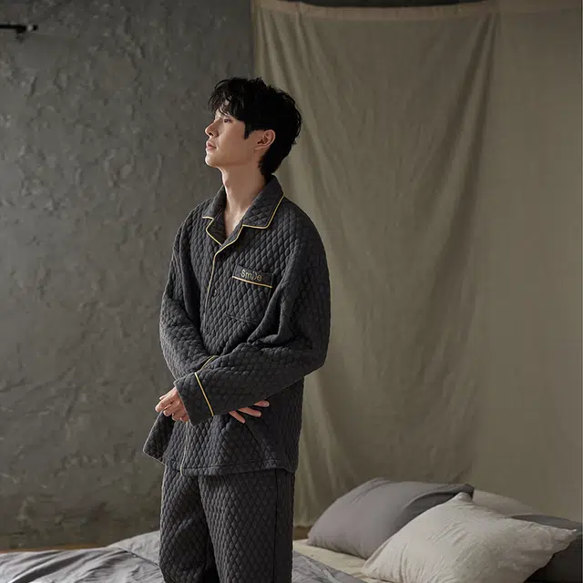 俏薇妮 纯色简约舒适加厚蓄温保暖翻领可外穿睡衣套装 男款 深灰色