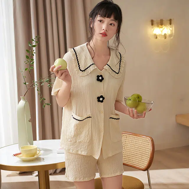 俏薇妮 简约温馨优雅高级感短袖短裤家居服休闲宽松舒适凉爽透气可外穿夏季睡衣套装 女款 黄色