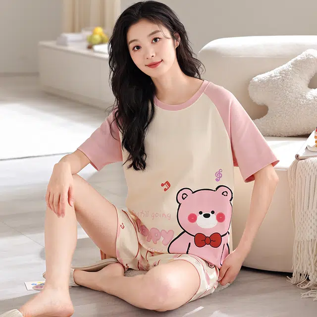 俏薇妮 柔软简约纯棉字母熊图案高级感短袖短裤带胸垫家居服舒适透气休闲宽松凉感可外穿夏季睡衣套装 女款