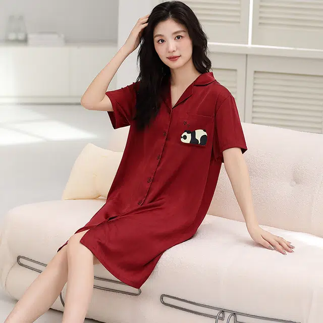 俏薇妮 简约纯色冰丝柔软可爱清新高级感短袖家居服休闲宽松舒适凉爽透气可外穿睡裙 女款 红色