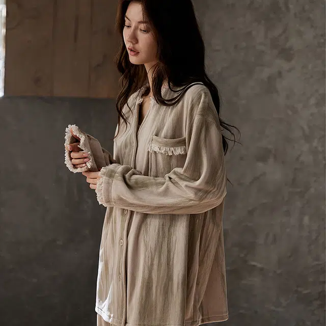 俏薇妮 简约休闲条纹长袖长裤家居服加绒保暖睡衣套装 女款 卡其色