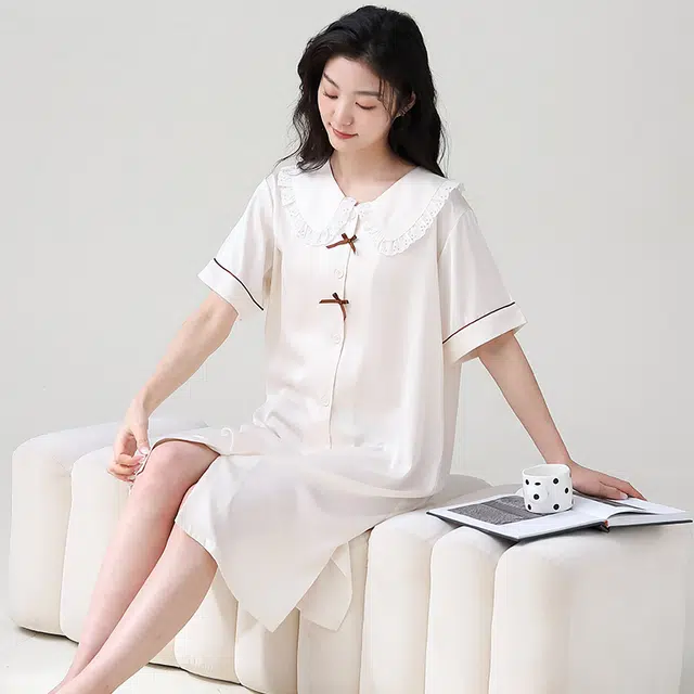俏薇妮 简约纯色冰丝柔软温馨高级感短袖家居服休闲宽松舒适凉爽透气可外穿睡裙 女款 米白色