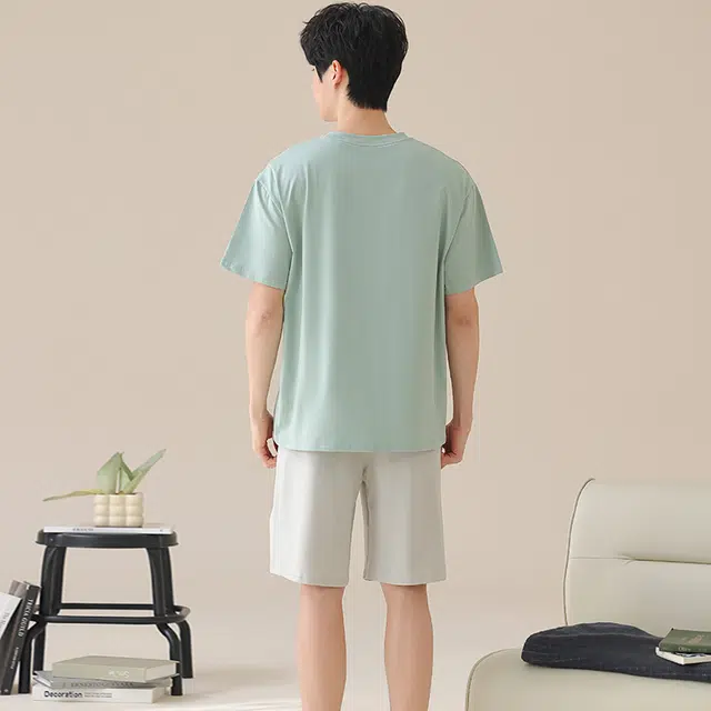 俏薇妮 简约柔软凉感纯色冰丝时尚潮流字母短袖五分裤家居服舒适透气休闲宽松可外穿夏季睡衣套装 男款