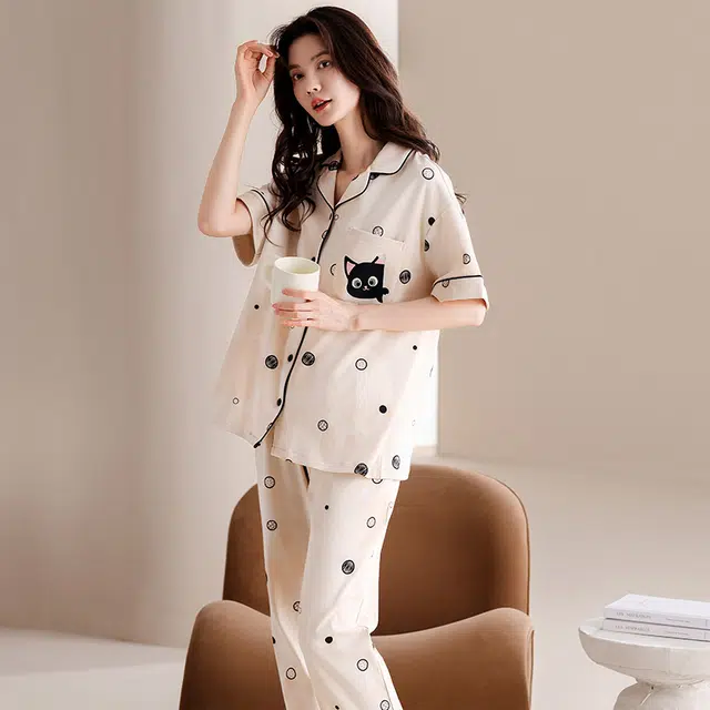 俏薇妮 柔软纯棉可爱舒适时尚翻领短袖家居服休闲宽松实用可外穿睡衣套装 女款 杏色