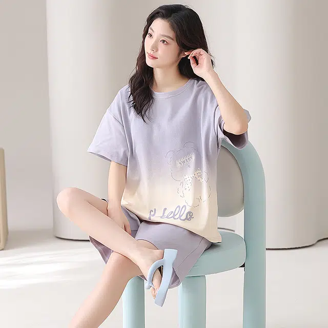 俏薇妮 简约柔软可爱慵懒字母带胸垫短袖高级感家居服休闲舒适凉爽透气可外穿睡衣套装 女款 浅紫色