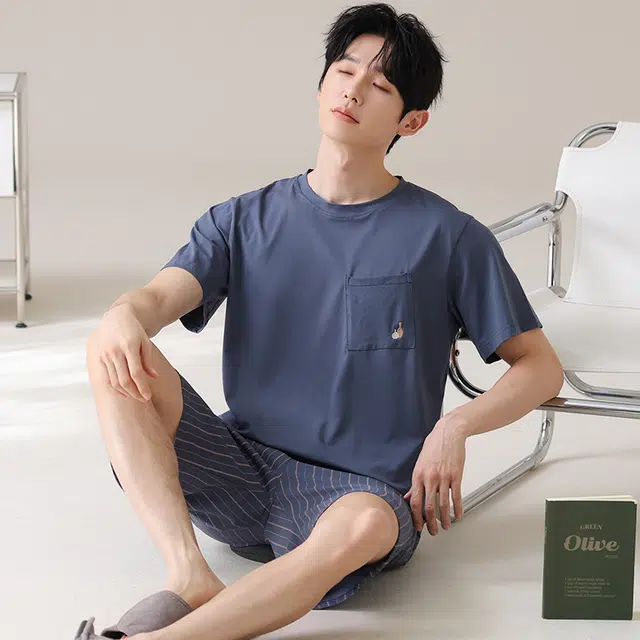 俏薇妮 柔软简约纯色高级感短袖短裤家居服慵懒温馨舒适透气休闲凉感可外穿睡衣套装 男款 蓝色