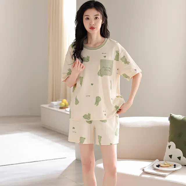 俏薇妮 柔软简约纯棉可爱时尚兔子高级感短袖短裤带胸垫家居服舒适透气休闲宽松凉感可外穿夏季睡衣套装 女款 深杏