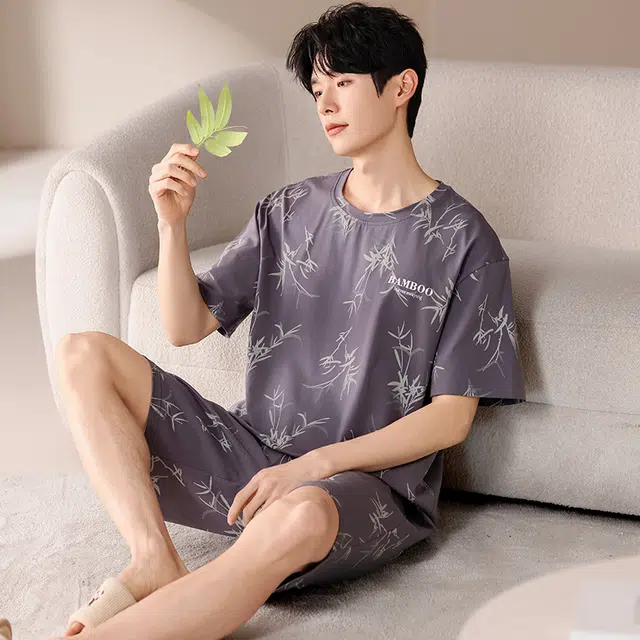 俏薇妮 简约柔软冰丝凉感古风高级感短袖短裤家居服舒适透气休闲宽松可外穿夏季睡衣套装 男款