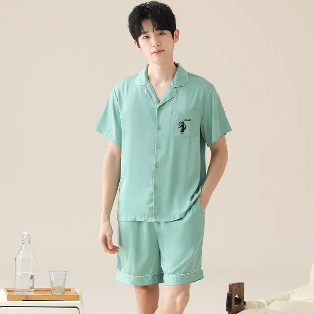 俏薇妮 柔软简约冰丝纯色时尚高级感短袖翻领家居服舒适透气休闲凉感可外穿睡衣套装 男款 浅绿色