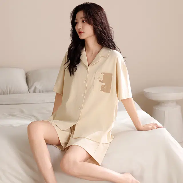 俏薇妮 简约柔软纯棉翻领短袖高级感家居服休闲宽松舒适凉爽透气可外穿睡衣套装 女款 杏色