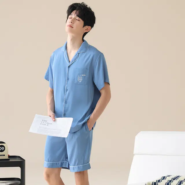 俏薇妮 柔软简约翻领短袖上衣家居服舒适透气休闲凉感可外穿五分裤夏季睡衣套装 男款 浅蓝色