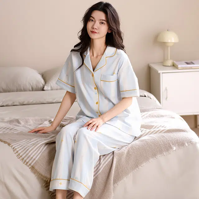 俏薇妮 柔软可爱舒适时尚翻领短袖家居服休闲可外穿睡衣套装 女款 浅蓝色