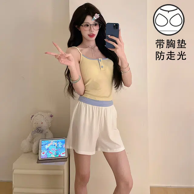 俏薇妮 简约凉感柔软时尚可爱大气高级感带胸垫家居服舒适透气休闲宽松可外穿无袖夏季睡衣套装 女款