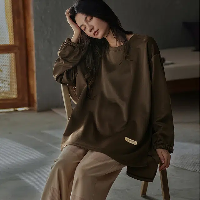 俏薇妮 美拉德睡衣女春秋款纯棉长袖圆领套头休闲大码宽松可外穿 家居套装  女款  棕色