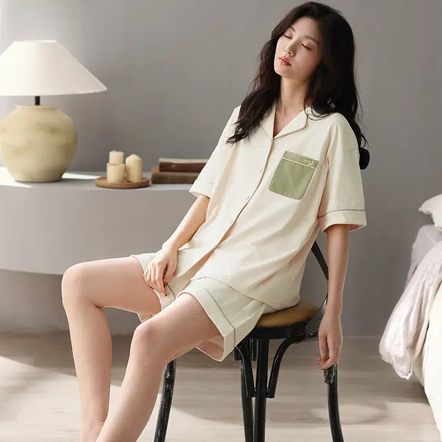俏薇妮 简约柔软纯棉纯色翻领短袖高级感家居服休闲宽松舒适凉爽透气可外穿睡衣套装 女款 杏色