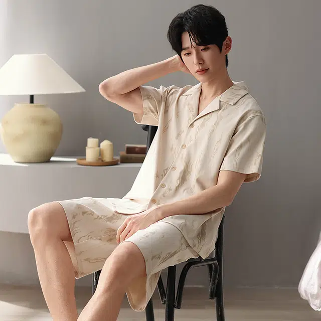俏薇妮 简约柔软纯棉时尚优雅翻领短袖高级感家居服休闲宽松舒适凉爽透气可外穿睡衣套装 男款 黄色