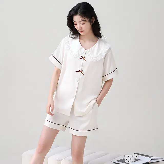俏薇妮 简约纯色柔软时尚优雅高级感短袖家居服休闲舒适凉爽透气可外穿睡衣套装 女款 米白色