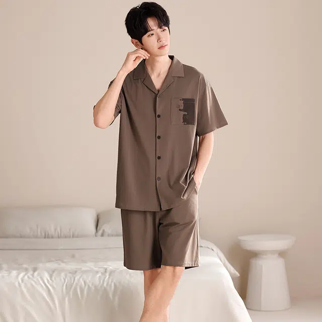 俏薇妮 简约柔软纯棉时尚温馨翻领短袖高级感家居服休闲宽松舒适凉爽透气可外穿睡衣套装 男款 深棕色