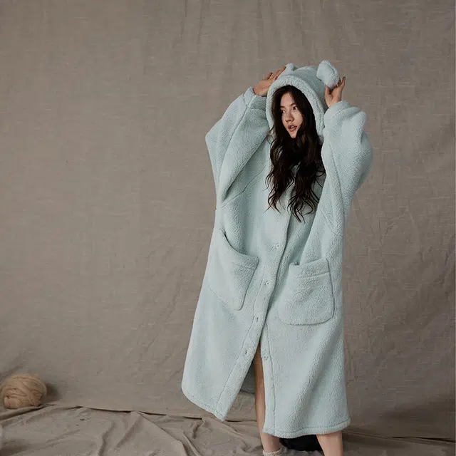 俏薇妮 加厚连帽保暖长袖长裤可外穿家居服睡衣套装 女款 浅蓝色