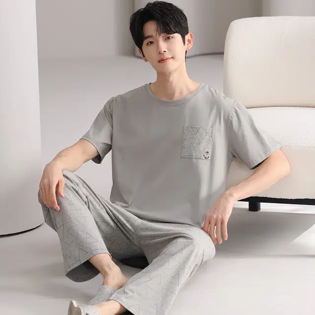 俏薇妮 简约凉感柔软时尚高级感短袖长裤家居服舒适透气休闲宽松可外穿睡衣套装 男款