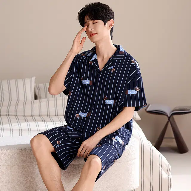 俏薇妮 柔软纯棉简约时尚条纹翻领短袖高级感家居服休闲宽松舒适凉爽透气可外穿睡衣套装 男款 蓝色