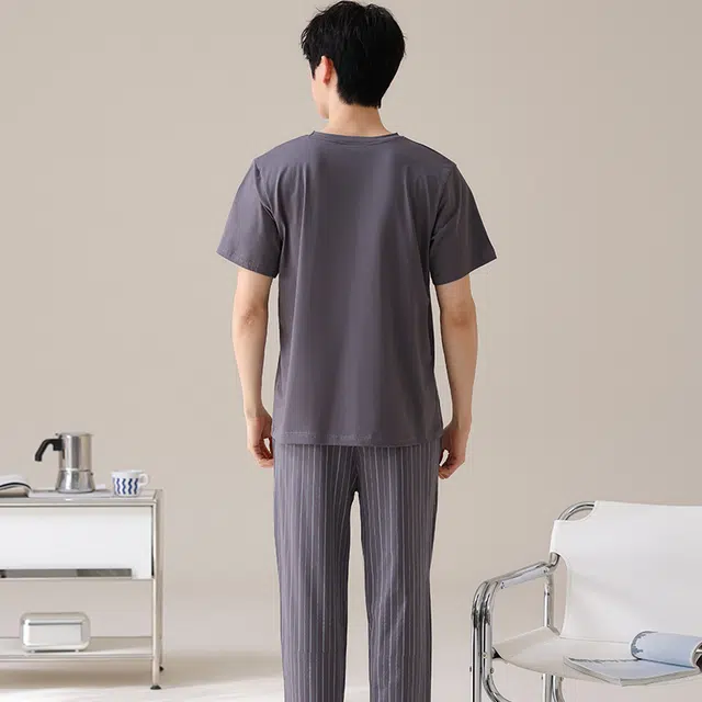 俏薇妮 潮流简约柔软纯棉纯色时尚短袖长裤家居服舒适透气休闲宽松凉感可外穿夏季睡衣套装 男款