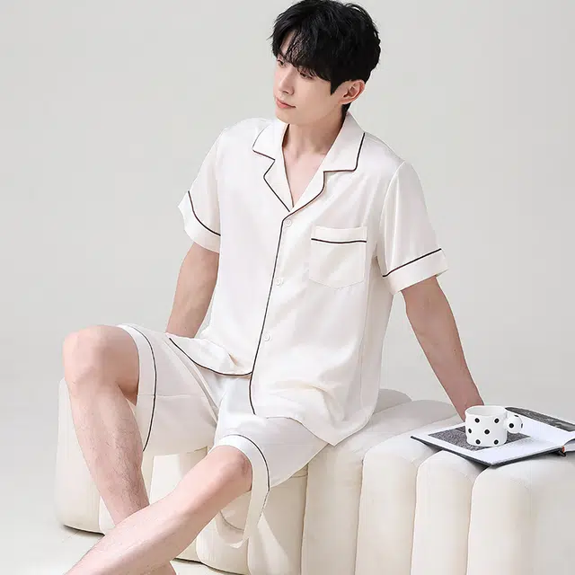 俏薇妮 简约纯色柔软时尚优雅高级感短袖短裤家居服休闲宽松舒适凉爽透气可外穿睡衣套装 男款 米白色