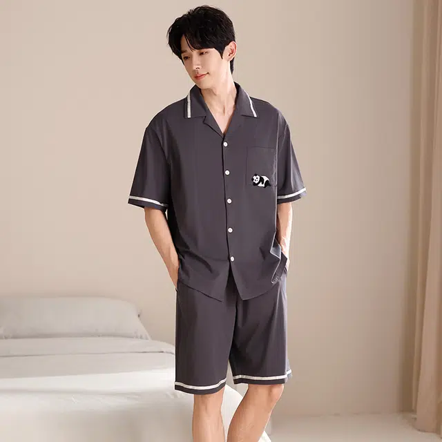 俏薇妮 柔软纯棉简约纯色翻领短袖高级感家居服休闲宽松舒适凉爽透气可外穿睡衣套装 男款 灰色