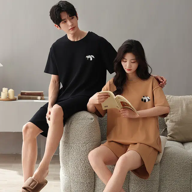 俏薇妮 柔软简约纯棉纯色短袖高级感家居服休闲宽松舒适凉爽透气可外穿睡衣套装 男款 黑色