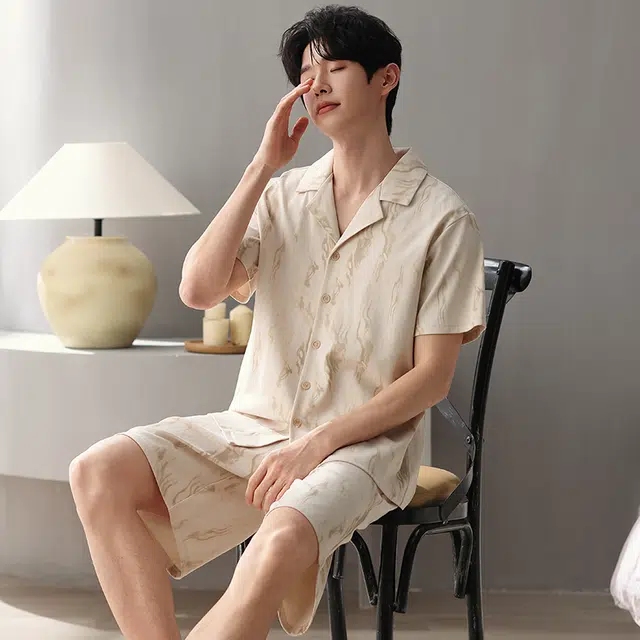 俏薇妮 简约柔软纯棉时尚优雅翻领短袖高级感家居服休闲宽松舒适凉爽透气可外穿睡衣套装 男款 黄色