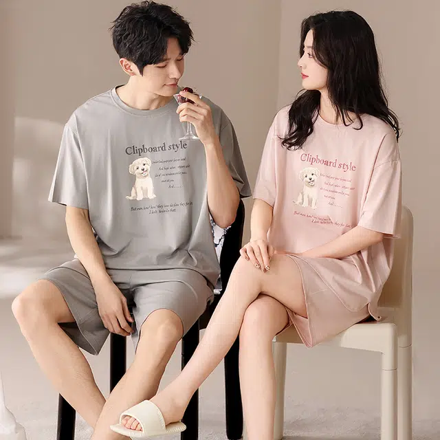 俏薇妮 柔软简约纯色可爱小狗图案字母高级感套头短袖睡衣套装 男女同款 图片色