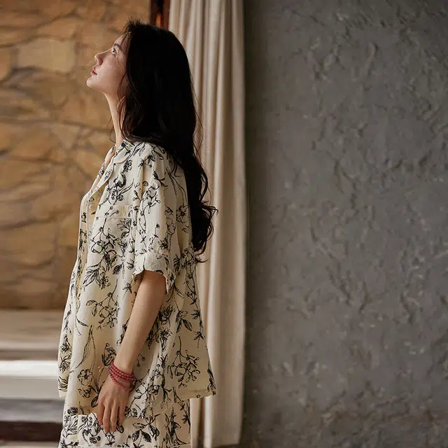 俏薇妮 简约柔软古风竹子高级感短袖睡衣套装 女款 米白色