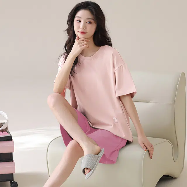 俏薇妮 简约柔软纯色凉感可爱时尚休闲宽松可外穿睡衣套装 女款