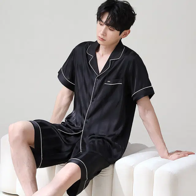 俏薇妮 简约纯色柔软时尚优雅高级感短袖短裤家居服休闲宽松舒适凉爽透气可外穿睡衣套装 男款 黑色
