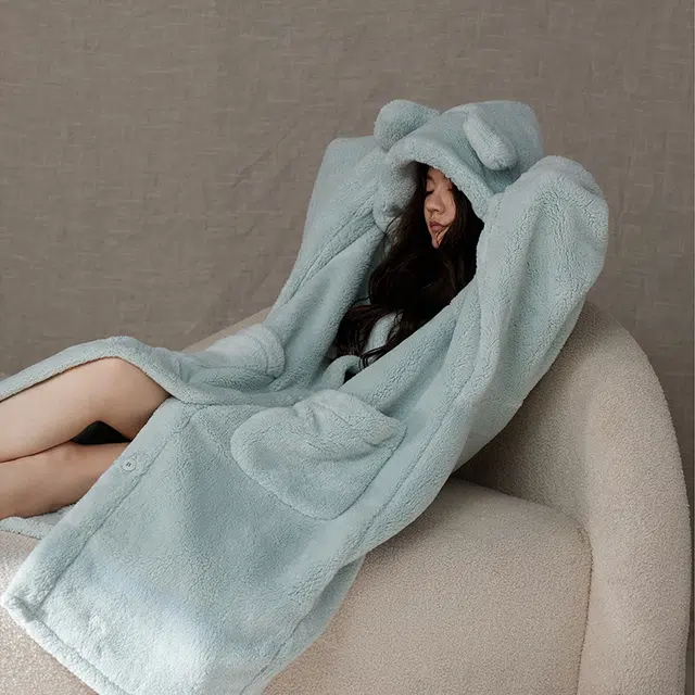 俏薇妮 加厚连帽保暖长袖长裤可外穿家居服睡衣套装 女款 浅蓝色