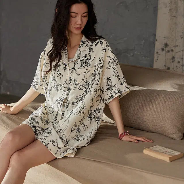 俏薇妮 简约柔软古风竹子高级感短袖睡衣套装 女款 米白色