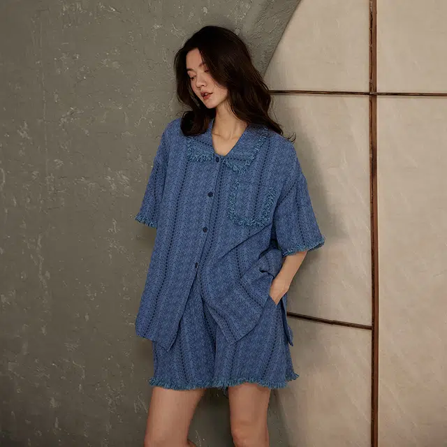 俏薇妮 简约时尚高级感家居服复古提花凉感薄款短袖可外穿睡衣套装 女款 礼盒装 蓝色