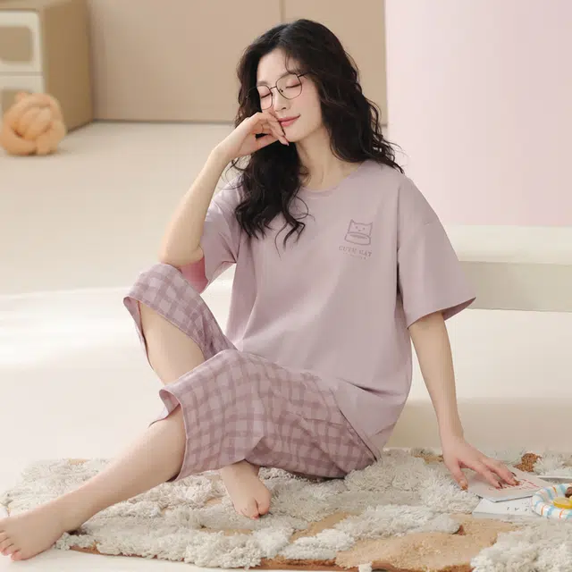 俏薇妮 纯棉简约柔软纯色带胸垫短袖格子高级感家居服休闲舒适凉爽透气可外穿睡衣套装 女款 粉红色