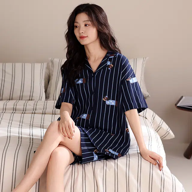 俏薇妮 柔软纯棉简约时尚条纹翻领短袖高级感家居服休闲宽松舒适凉爽透气可外穿睡衣套装 女款 蓝色